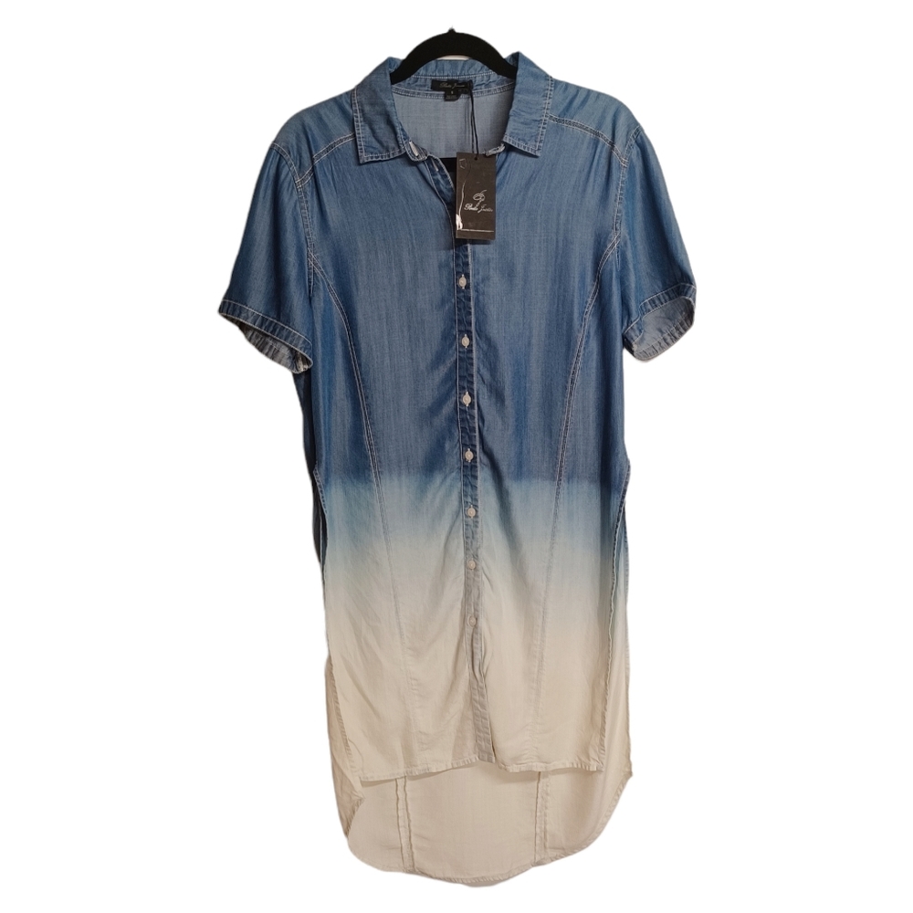 POETIC JUSTICE Bleach Ombre Chambray Button Front Short Sleeve Tunic Top S NWT